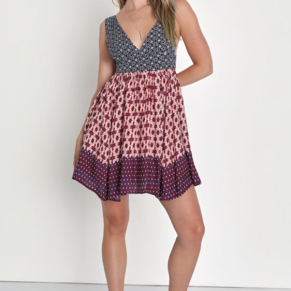 LULUS La Vie en Roses Navy Blue and Red Floral Print Dress